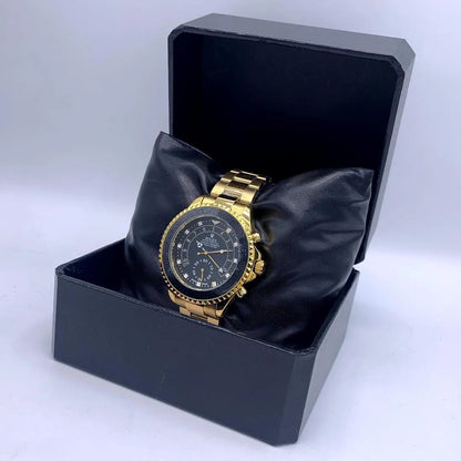 Men's Gold Quartz Watch with Black Dial & Stainless Steel Strap